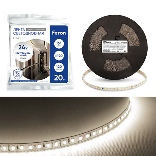 Лента светодиодная 120SMD(2835)/м 11Вт/м 24V 20000*10*1.22мм 4000К, LS520 FERON