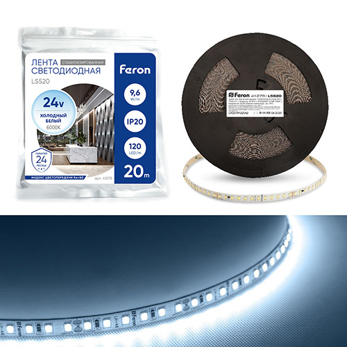 Лента светодиодная 120SMD(2835)/м 11Вт/м 24V 20000*10*1.22мм 6000К, LS520 FERON