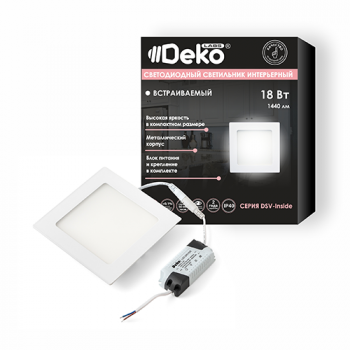 Светильник "DEKO" светодиодный встраиваемый квадратный белый 18Вт, 3000К, IP40, 147*133мм, ультратонкий