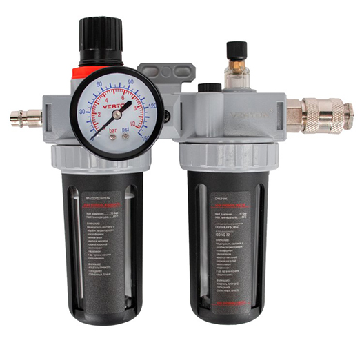Блок подготовки воздуха с регулятором давления и маслораспылителем Verton Air APU1800/10 (максимальная пропускная способность 1800л/мин, максимальное давление 10атм,ф штуцера 1/4)