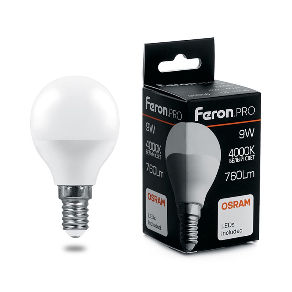 Лампа светодиодная  9Вт Е14 220В 4000К шар LB-1409 &quot;FERON PRO&quot;