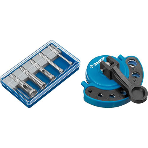 Набор алмазных коронок по кафелю, стеклу "Зубр Профессионал", d4/6/8/10/12*55мм, цилидрический хвостик,  кондуктор, пластиковая коробка