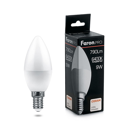 Лампа светодиодная 220В  9Вт Е14 6400К свеча PRO LB-1309 &quot;FERON&quot;