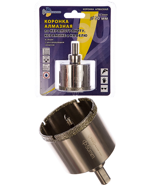Коронка алмазная по кафелю, керамограниту, стеклу "Trio-Diamond", d50*35мм, с центрирующим сверлом, мокрый рез, трехгранный хвостовик