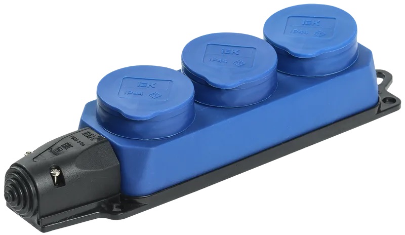 Розетка трёхместная с защитными крышками, каучуковая 2P+PE 16А/250В IP44, синяя, Омега "ИЭК"