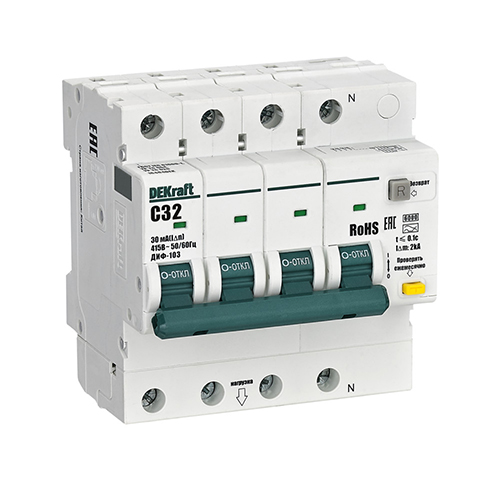 Автоматический выключатель АВДТ ДИФ-103 3P+N С 32А 30мА 6кА нов. "DEKraft"