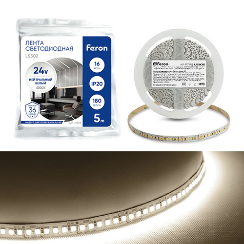 Лента светодиодная 180SMD(2835)/м 16Вт/м 24V 5000*10*1.22мм 4000К, LS502 FERON