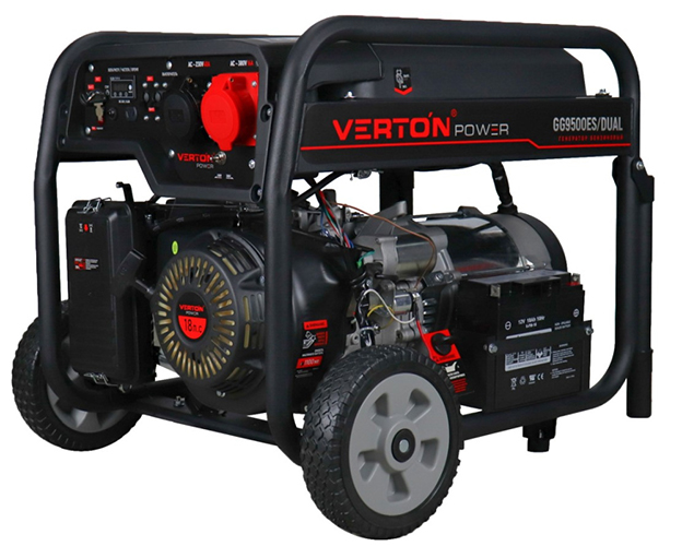 Установка генераторная бензиновая GG9500ES/DUAL, 230В-380В, 8,0-9,0 кВт, ручной и электрич. стартер, акб "VERTON"