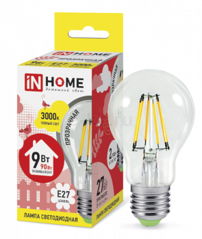 Лампа светодиодная "LED-A60-deco" A60, Е27, 9Вт, 220В, 3000К, 1040Лм, прозрачная IN HOME