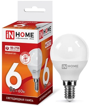 Лампа светодиодная  6Вт Е14 230В 6500К 570Лм LED-ШАР-VC &quot;IN HOME&quot;