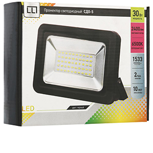Прожектор светодиодный "LLT" 30Вт 6500К холодный белый 2400Лм 220В черный "СДО-5-30 PRO SMD"