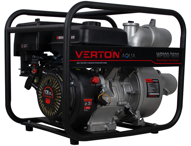 Мотопомпа Verton WP 100/1600 (13л.с/389см3,100мм/4&quot;, 1600л/мин,96м3/ч,h8м/30,d8мм)