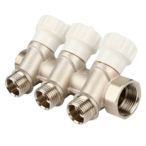 Коллектор с тремя вентилями, 3/4в*1/2н*1/2н*1/2н*3/4н, красный