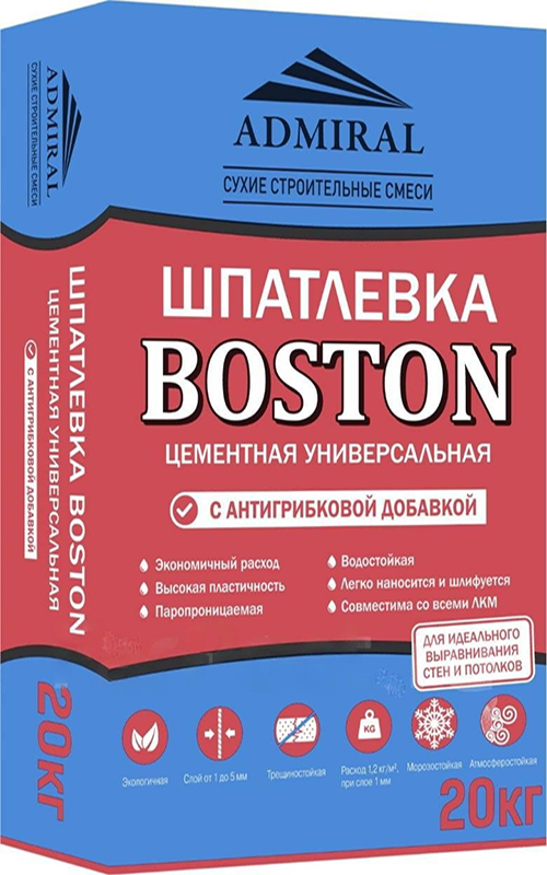 цемент шпатлевка &quot;ADMIRAL BOSTON&quot; с антигрибковой добавкой, серый, 20кг ,48шт