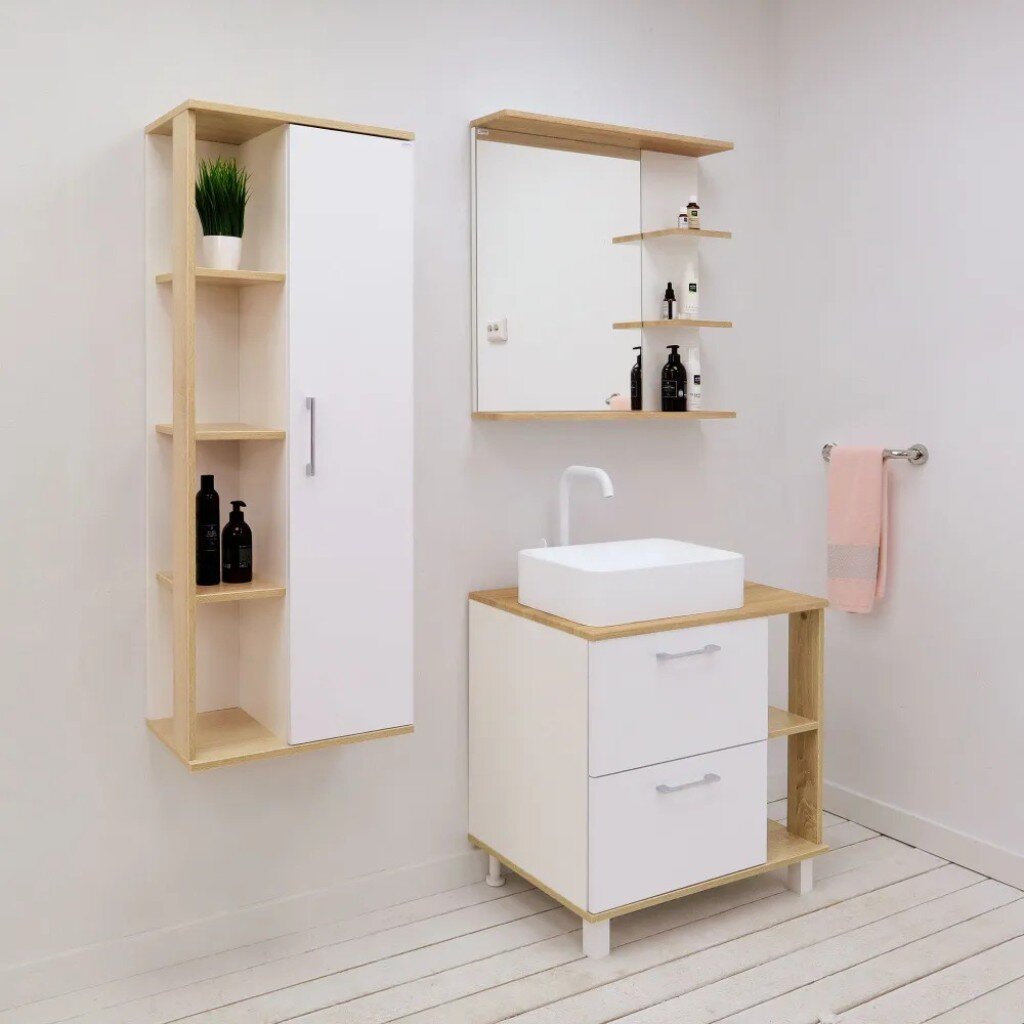 Тумба "Гавайи 70", белая, дуб сонома, 2 ящика, со столешницей