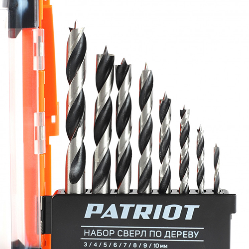 Набор сверл по дереву  PATRIOT спиральные, W-образная заточка,  8 шт: 3, 4, 5, 6, 7, 8, 9, 10мм, в пластиковом боксе