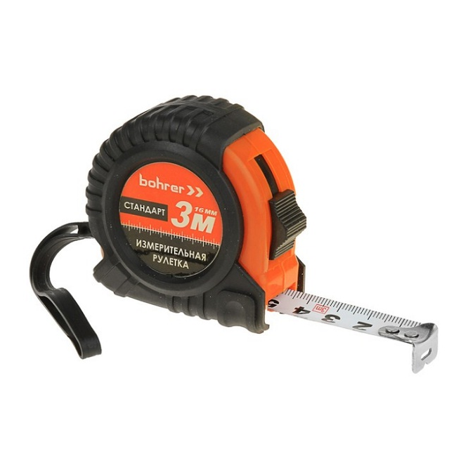 Рулетка "Bohrer", обрезиненный корпус, с фиксатором 3м*16мм