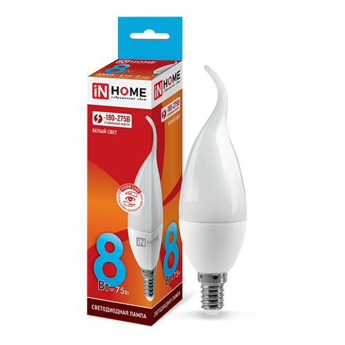 Лампа светодиодная 220В  8Вт Е14 4000К 720Лм свеча на ветру "IN HOME"