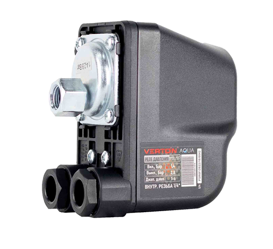 Реле давления Verton AQUA PSR/6F внутренняя резьба (3/8") (230В/50Гц, IP44, темп. жид. 0-55, раб.дав.1.4/2,8 бар,мин. дав. 1 бар, макс.дав.6 бар,ток пик/норм 10/4А)
