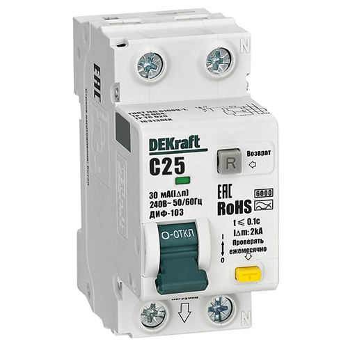 Автоматический выключатель АВДТ ДИФ-103 1P+N С 25А 30мА 6кА нов. "DEKraft"