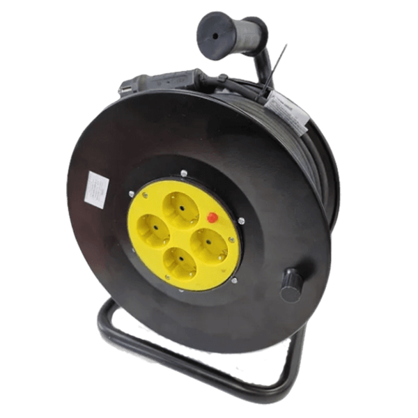 Удлинитель 4 гнезда, 50м с заземляющим контактом, металлическая  катушка на металлической стойке,  IP44 (КГХЛ 3*1,5) У16-010 "МРК"