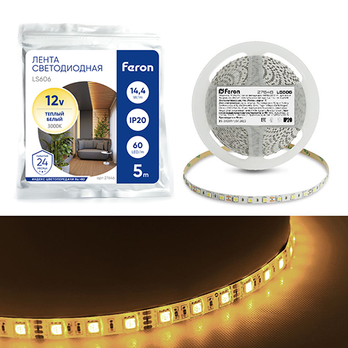 Лента светодиодная, 60SMD(5050)/m 14.4W/m 12V 5m 3000К, LS606 FERON