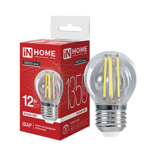 Лампа светодиодная 12Вт Е27 220В 4000К 1350Лм, прозрачный LED-шар deko "IN HOME"