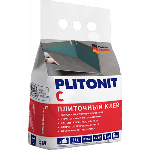Клей для плитки/ керамогранита/ камня Плитонит C серый (класс C2 TE) 5кг