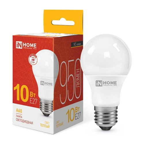 Лампа светодиодная A60 10Вт &quot; LED-A60-VC&quot; Е27 220В 3000К 950Лм, IN HOME