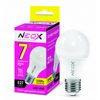 Лампа светодиодная "NEOX" A60, Е27, 7Вт, 220В, 3000К, 630Лм, матовая
