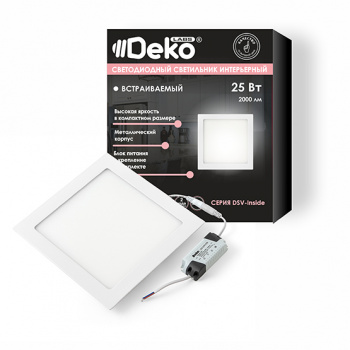 Светильник "DEKO" светодиодный встраиваемый квадрат белый 25Вт, 4000К, IP40, 225*206мм, ультратонкий