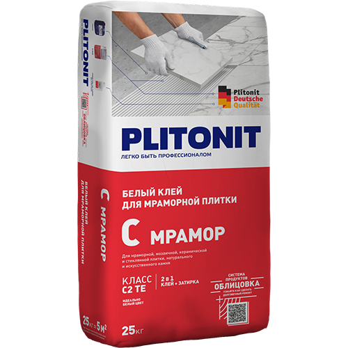 Клей для плитки/ мрамора/ мозаичной и стеклянной плитки Плитонит C Мрамор белый (класс C2 TE) 25кг