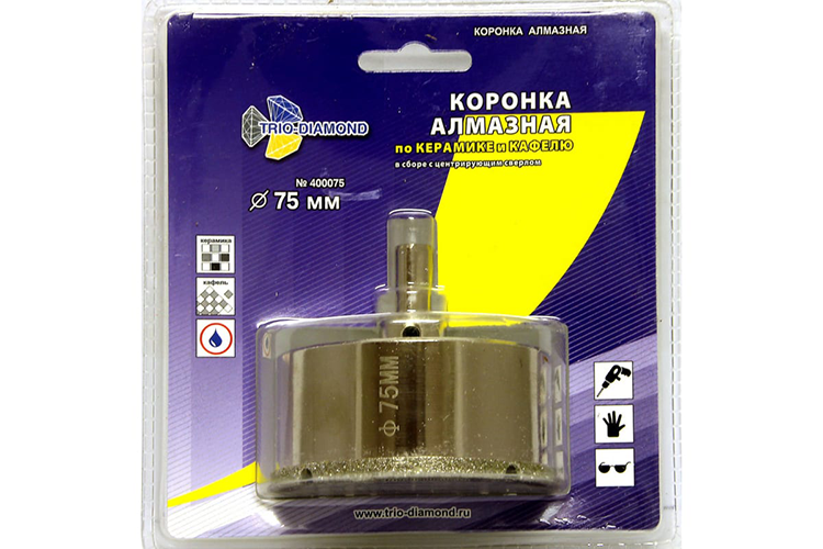 Коронка алмазная по кафелю, керамограниту, стеклу "Trio-Diamond", d75*35мм, с центрирующим сверлом, мокрый рез, трехгранный хвостовик