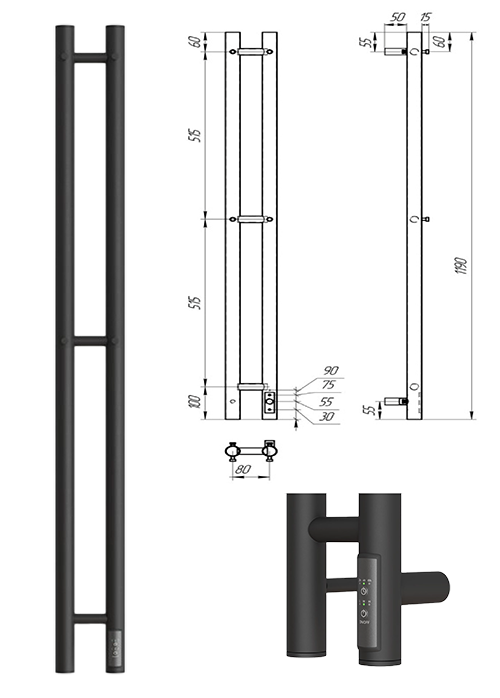 Электрический полотенцесушитель "Point Деметра" П3 размер: 112*1200мм, черный, диммер справа