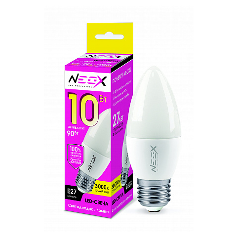 Лампа светодиодная 10Вт Е27 С37 220В 3000К 800Лм свеча матовая "NEOX"