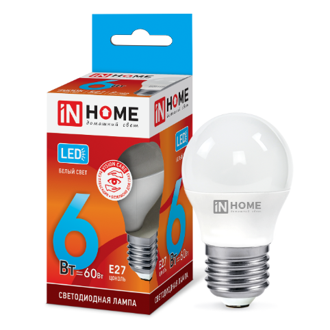 Лампа светодиодная  6Вт Е27 220В 4000К 480Лм шар LED-ШАР-VC "IN HOME"