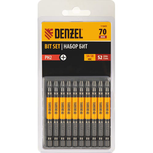 Набор бит PH2*70мм с магнитным адаптером , 10шт "Denzel"