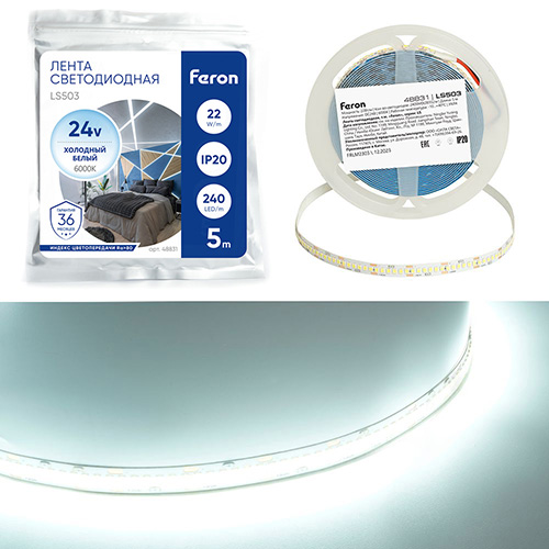 Лента светодиодная, 240SMD(2835)/м 22Вт/м 24V 5000*10*1.22мм 6000К, IP20, LS503 FERON