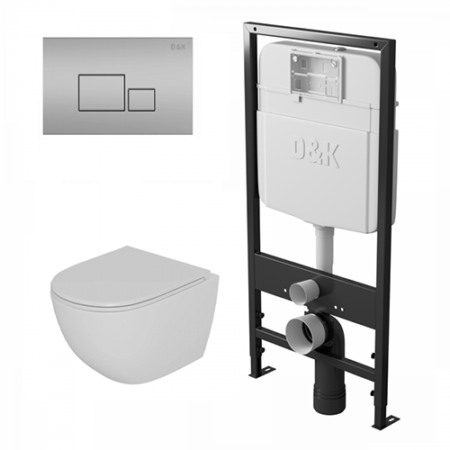 Унитаз &quot;D&K Matrix DT1396516&quot; подвесной, безободковый, с инсталляцией &quot;D&K DI8055119&quot;, с кнопкой &quot;Matrix DB1519002&quot;, хром матовый