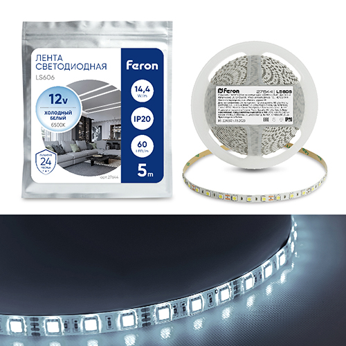Лента светодиодная &quot;Feron&quot; LS606, 60SMD(5050), 12В, 5метров, 14,4Вт/м, IP20, белая 6500k