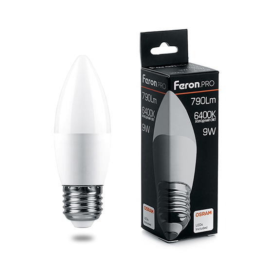Лампа светодиодная  9Вт Е27 С37 220В 6400К свеча LB-1309 "FERON PRO"