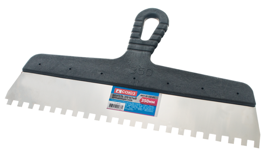 Шпатель зубчатый "СОЮЗ", 300мм, , зуб 10*10мм, нержавеющая сталь, пластиковая рукоятка,