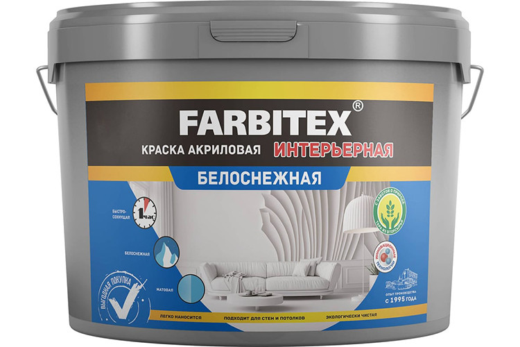 Краска акриловая интерьерная белоснежная &quot;FARBITEX&quot;, 6кг
