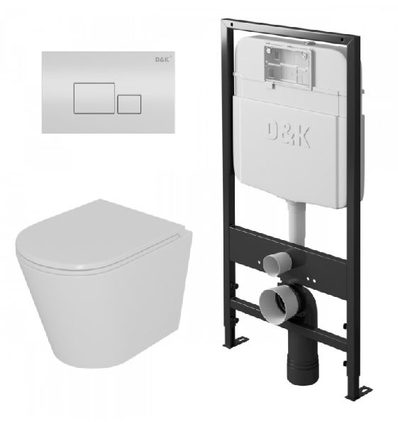 Унитаз &quot;D&K Venice DT1026016&quot; подвесной, безободковый, с инсталляцией &quot;D&K DI8055119&quot;, с кнопкой &quot;Quadro DB1519016&quot;, белый