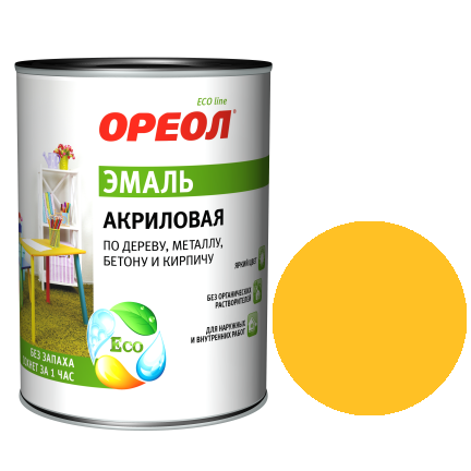 Эмаль акриловая глянцевая желтая &quot;Ореол&quot;, 0,9кг