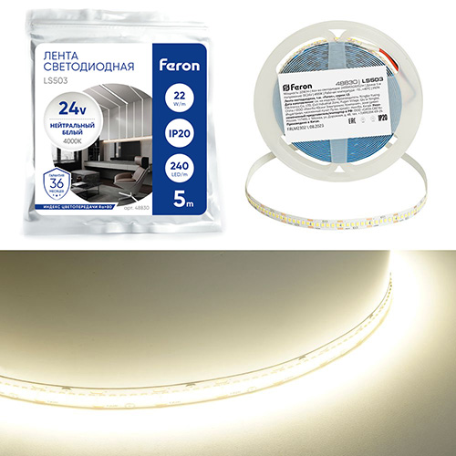 Лента светодиодная, 240SMD(2835)/м 22Вт/м 24V 5000*10*1.22мм 4000К, IP20, LS503 FERON