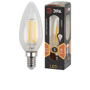 Лампа светодиодная "ЭРА F-LED" В35, E14, 5Вт, 220В, 827К, свеча прозрачная
