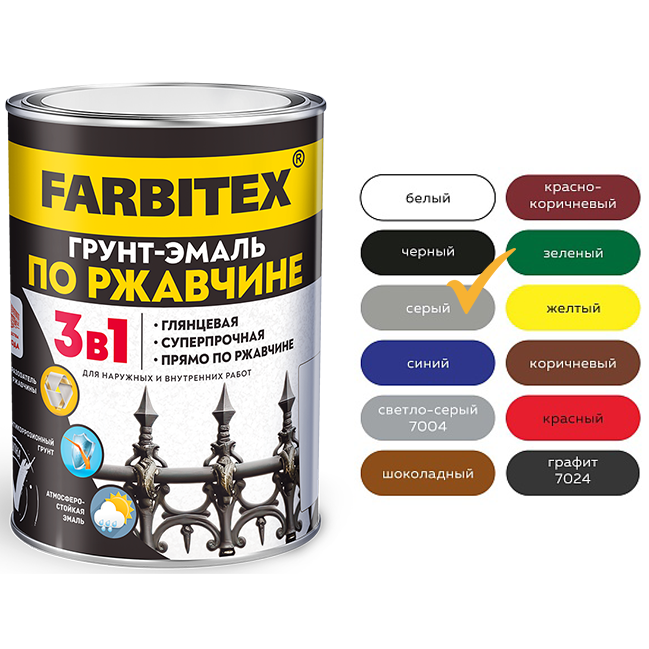 Эмаль по ржавчине "3 в 1" серая "FARBITEX", 1,8кг