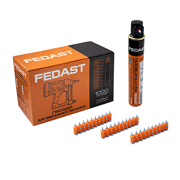 Гвозди 3.0*16 для монтажного пистолета с кованным наконечником  (1000шт/уп) + газовый баллон FEDAST