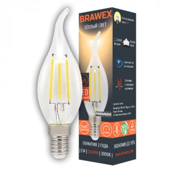 Лампа светодиодная  5Вт BRAWEX свеча Е14 3000К 500Лм